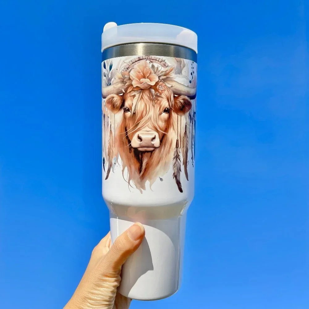 Birthday gift Floral Highland Cow 40 oz Personalized Tumbler. BRAND NEW Double